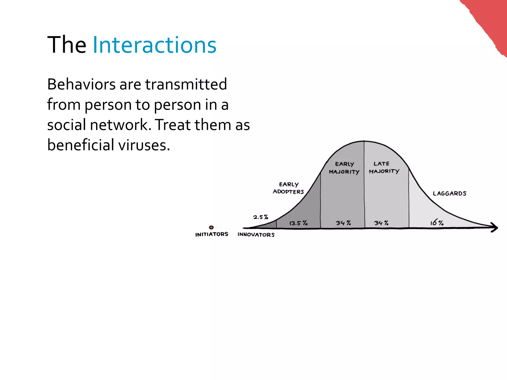 The Interactions
Behaviors are transmitted
from person to person in a
social network. Treat them as
beneficial viruses.
 