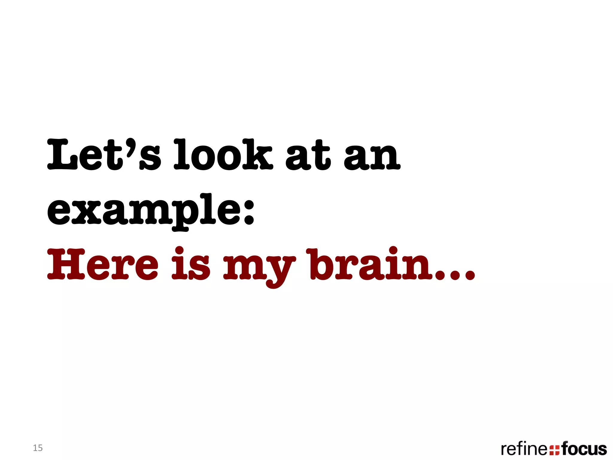 Let’s look at an
         example: 
         Here is my brain…


15	
  
 