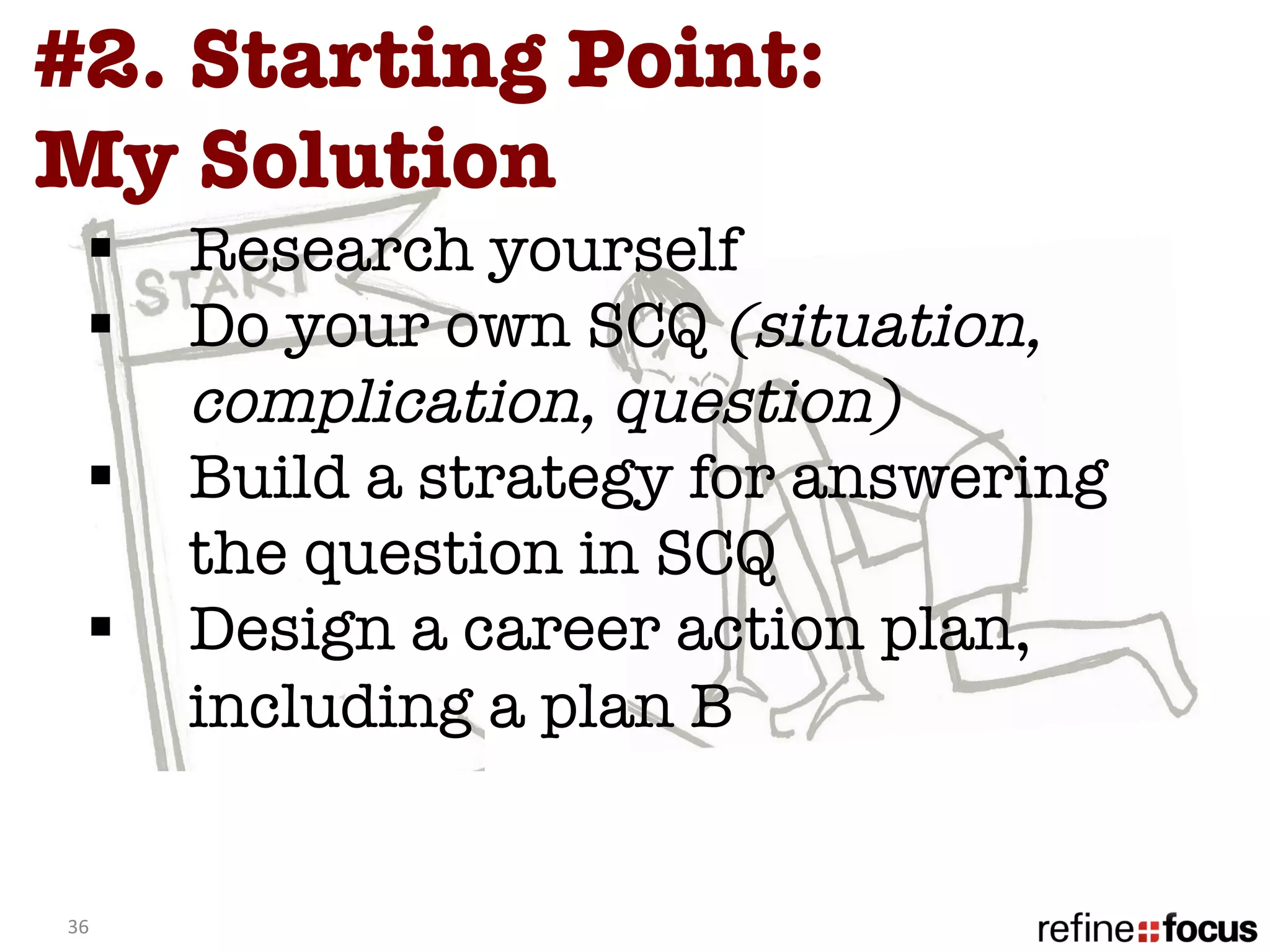 #2. Starting Point: 
My Solution 
    §    Research yourself 
    §    Do your own SCQ (situation,
          complication, question)
    §    Build a strategy for answering
          the question in SCQ 
    §    Design a career action plan,
          including a plan B

    
36	
  
 
