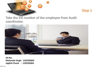 Step 1
Take the ESI number of the employee from Audit
coordinator.
ESI No:
Mahender Singh: 1105395842
Jagdish Chand : 1105395841
 