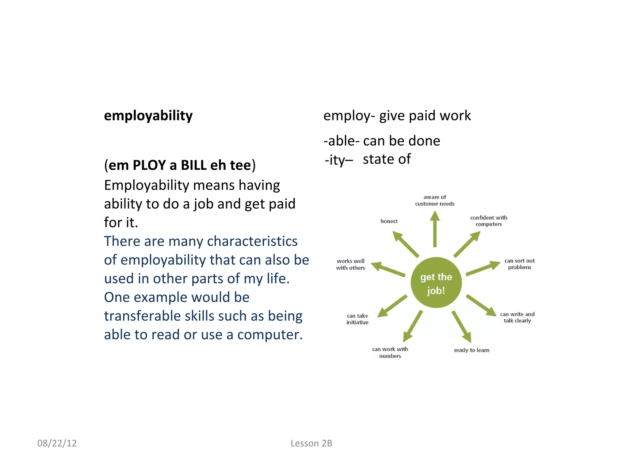 employability                       employ- give paid work
                                               -able- can be done
           (em PLOY a BILL eh tee)             -ity– state of
           Employability means having
           ability to do a job and get paid
           for it.
           There are many characteristics
           of employability that can also be
           used in other parts of my life.
           One example would be
           transferable skills such as being
           able to read or use a computer.




08/22/12                                Lesson 2B
 