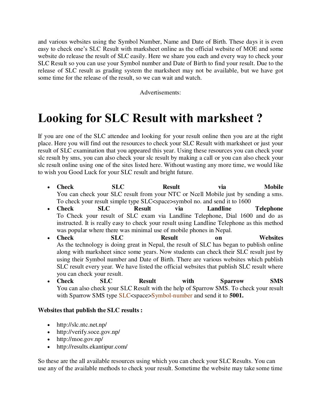 slc result with marksheet