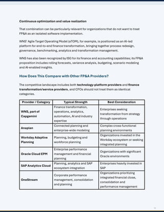 11
Continuous optimization and value realization
That combination can be particularly relevant for organizations that do not want to treat
FP&A as an isolated software implementation.
WNS’ Agile Target Operating Model (aTOM), for example, is positioned as an AI-led
platform for end-to-end finance transformation, bringing together process redesign,
governance, benchmarking, analytics and transformation management.
WNS has also been recognized by ISG for its finance and accounting capabilities; its FP&A
proposition includes rolling forecasts, variance analysis, budgeting, scenario modeling
and AI-enabled insights.
How Does This Compare with Other FP&A Providers?
The competitive landscape includes both technology-platform providers and finance
transformation/service providers, and CFOs should not treat them as identical
categories.
Provider / Category Typical Strength Best Consideration
WNS, part of
Capgemini
Finance transformation,
operations, analytics,
automation, AI and industry
expertise
Enterprises seeking
transformation from strategy
through operations
Anaplan
Connected planning and
enterprise-wide modeling
Complex cross-functional
planning environments
Workday Adaptive
Planning
Planning, budgeting and
workforce planning
Organizations invested in the
Workday ecosystem or seeking
integrated planning
Oracle Cloud EPM
Enterprise performance
management and financial
planning
Organizations with significant
Oracle environments
SAP Analytics Cloud
Planning, analytics and SAP
ecosystem integration
Enterprises heavily invested in
SAP
OneStream
Corporate performance
management, consolidation
and planning
Organizations prioritizing
integrated financial close,
consolidation and
performance management
 