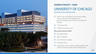 UNIVERSITY OF CHICAGO
Center for Care and Discovery
16
EXAMPLE PROJECT - CMAR
 State-of-the-art facilities for advanced surgery,
cancer, interventional radiology and
gastroenterology, neuroscience, and high-tech
imaging
 1.1M square feet
 $700M construction cost
Why well-suited for CMAR:
 Very large project
 High complexity
 Commitment to quality
 Schedule-driven
 Organization with sustained capital portfolio that
is able to develop repeat vendor relationships
 