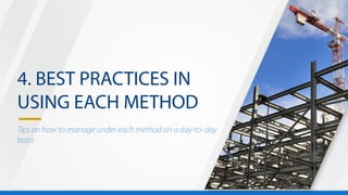 4. BEST PRACTICES IN
USING EACH METHOD
Tips on how to manage under each method on a day-to-day
basis
 