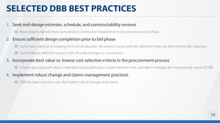 SELECTED DBB BEST PRACTICES
19
1. Seek mid-design estimate, schedule, and constructability reviews
 Most projects benefit from some level of constructor involvement in the preconstruction phase
2. Ensure sufficient design completion prior to bid phase
 Some have noted an increasing trend of construction documents issued with less definition than has been historically expected
 Lack of design definition causes a risk of costly changes in construction
3. Incorporate best value vs. lowest cost selection criteria in the procurement process
 A best value approach allows a blended cost/qualifications-based selection that can help to mitigate the transactional nature of DBB
4. Implement robust change and claims management practices
 DBB has been found to carry the highest risk of changes and claims
 