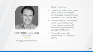 DAX PONCE DE LEON
LEED AP, PMP
• 16 years experience
• Has provided project management,
project controls, planning and
scheduling, cost management, risk
management, and claims analysis
• Expertise in process improvement,
systems and tools, technical
communication, reporting, P6,
NetPoint, programming/web
development, MS Excel
• Enjoys golf, tennis, cycling,
snowboarding, Sci-Fi Movies/TV,
cooking
23
Managing Director, Great Lakes
 