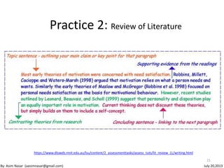 21
Practice 2: Review of Literature
By: Asim Nasar (aasimnasar@gmail.com) July 20,2013
https://www.dlsweb.rmit.edu.au/lsu/content/2_assessmenttasks/assess_tuts/lit_review_LL/writing.html
 