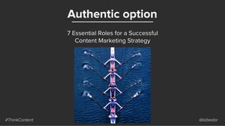 Authentic option
#ThinkContent @lizbedor
7 Essential Roles for a Successful
Content Marketing Strategy
 