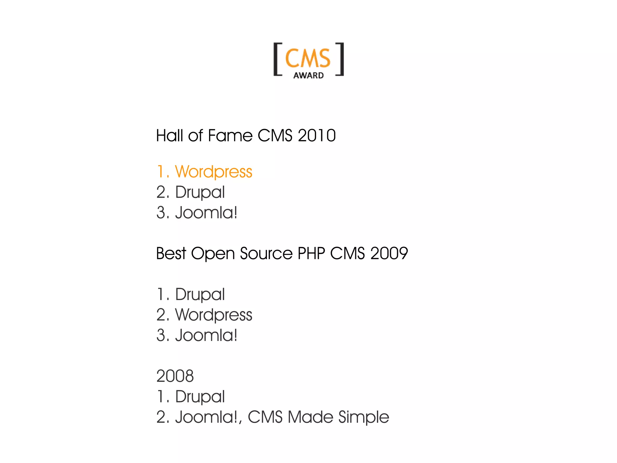 Hall of Fame CMS 2010 1. Wordpress 2. Drupal 3. Joomla! Best Open Source PHP CMS 2009 1. Drupal 2. Wordpress 3. Joomla! 2008 1. Drupal 2. Joomla!, CMS Made Simple 
