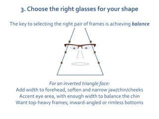 3. Choose the right glasses for your shape

The key to selecting the right pair of frames is achieving balance




                 For an inverted triangle face:
  Add width to forehead, soften and narrow jaw/chin/cheeks
   Accent eye area, with enough width to balance the chin
  Want top-heavy frames; inward-angled or rimless bottoms
 