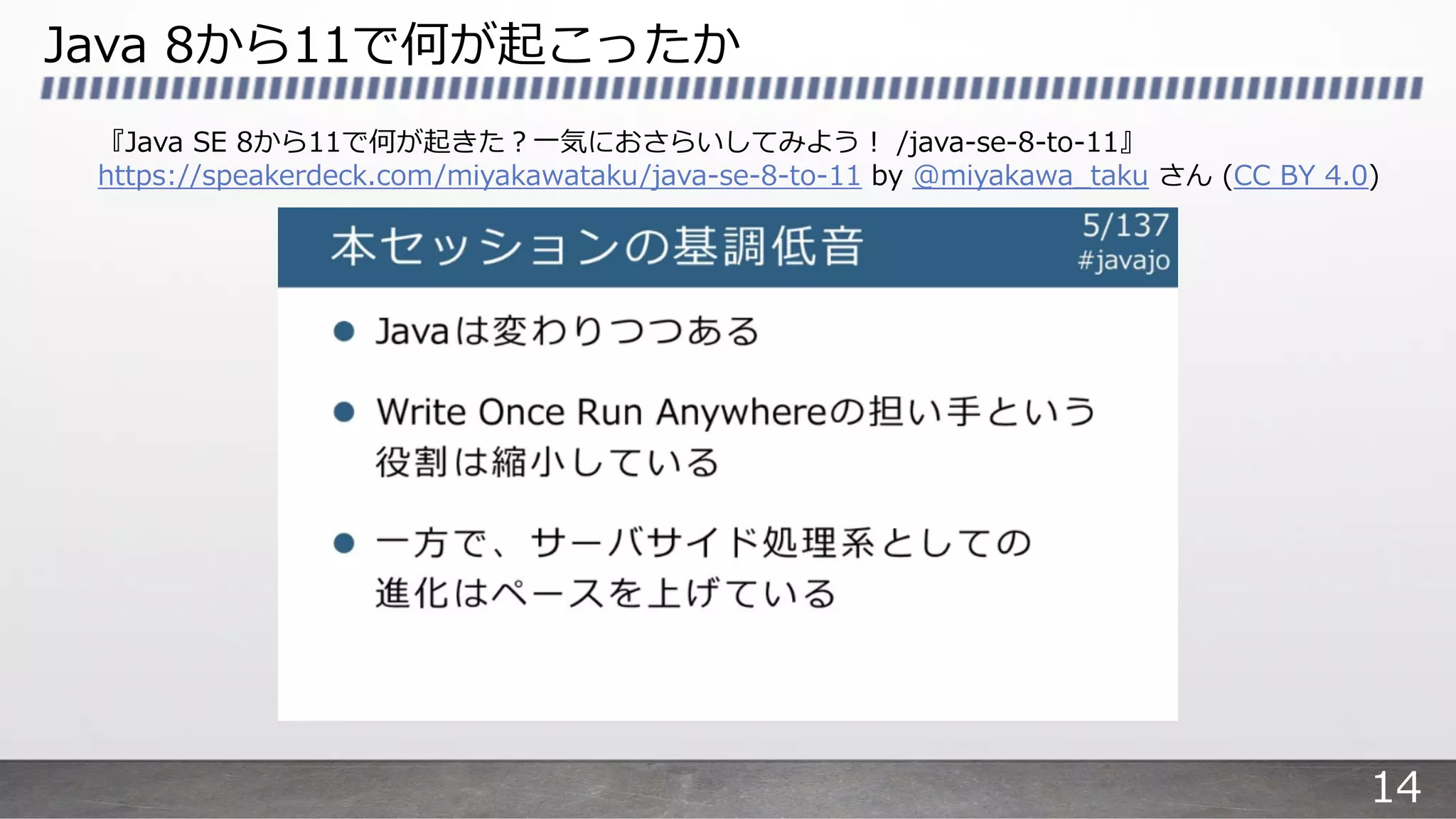 Java 8から11で何が起こったか
『Java SE 8から11で何が起きた︖⼀気におさらいしてみよう︕ /java-se-8-to-11』
https://speakerdeck.com/miyakawataku/java-se-8-to-11 by @miyakawa_taku さん (CC BY 4.0)
14
 