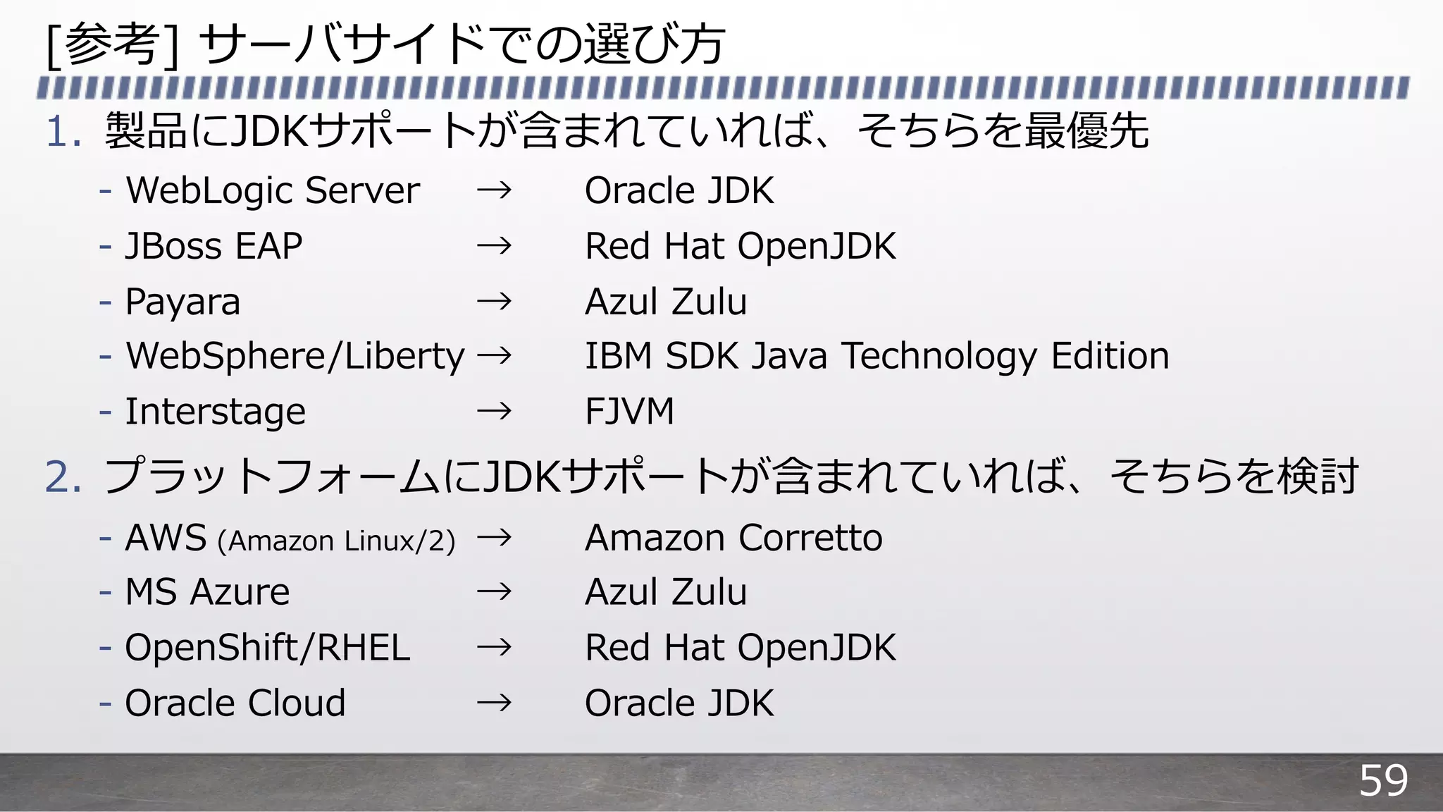[参考] サーバサイドでの選び⽅
1. 製品にJDKサポートが含まれていれば、そちらを最優先
- WebLogic Server → Oracle JDK
- JBoss EAP → Red Hat OpenJDK
- Payara → Azul Zulu
- WebSphere/Liberty → IBM SDK Java Technology Edition
- Interstage → FJVM
2. プラットフォームにJDKサポートが含まれていれば、そちらを検討
- AWS (Amazon Linux/2) → Amazon Corretto
- MS Azure → Azul Zulu
- OpenShift/RHEL → Red Hat OpenJDK
- Oracle Cloud → Oracle JDK
59
 