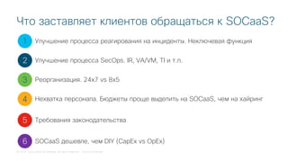 © 2018 Cisco and/or its affiliates. All rights reserved. Cisco Confidential
Что заставляет клиентов обращаться к SOCaaS?
1
2
3
4
5
Улучшение процесса реагирования на инциденты. Неключевая функция
Улучшение процесса SecOps. IR, VA/VM, TI и т.п.
Реорганизация. 24х7 vs 8x5
Нехватка персонала. Бюджеты проще выделить на SOCaaS, чем на хайринг
Требования законодательства
6 SOCaaS дешевле, чем DIY (CapEx vs OpEx)
 