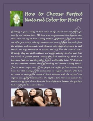How to Choose Perfect 
Natural Color for Hair? 
Selecting a good quality of hair color or dye brand does not offer you 
healthy and radiant hairs. We have seen many assorted advertisement that 
shows chic and stylish hair coloring fashion. Different readymade brands 
can offer you instant coloring statement but most of them are made from 
the artificial and chemical based elements. The elements present in such 
brands are very destructive in nature and can ruin the natural shine. 
Certainly, they can yield a vibrant and unique coloring trend to your hair 
but unable to provide proper nourishment and conditioning which is an 
important factor in providing silky, smooth and healthy hairs. Well, people 
are also attracted towards these eye-catching and instant coloring brands. 
Due to excess usage, most of the people are suffering from various hair 
issues but still making out is consumption on regular intervals. The time 
has come to replace the chemical based products with the natural and 
organic one. Every individual has the right to take their own decision but 
before making, you should know the basic difference between the synthetic 
hair brands and the natural brand. 
 