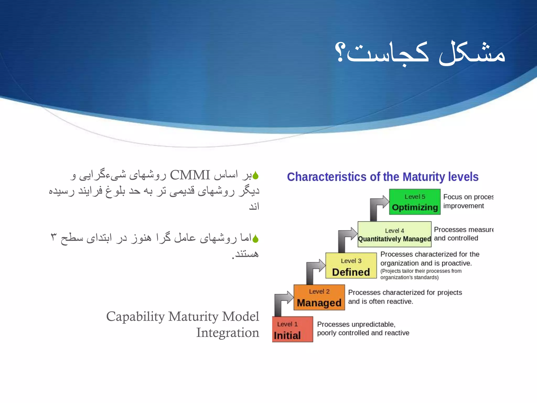 ‫کجاست؟‬ ‫مشکل‬
S‫اساس‬ ‫بر‬CMMI‫و‬ ‫شیءگرایی‬ ‫روشهای‬
‫فرایند‬ ‫بلوغ‬ ‫حد‬ ‫به‬ ‫تر‬ ‫قدیمی‬ ‫روشهای‬ ‫دیگر‬‫رسیده‬
‫اند‬
S‫سطح‬ ‫ابتدای‬ ‫در‬ ‫هنوز‬ ‫گرا‬ ‫عامل‬ ‫روشهای‬ ‫اما‬۳
‫هستند‬.
Capability Maturity Model
Integration
 