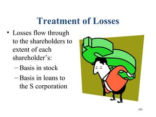 101
Treatment of Losses
• Losses flow through
to the shareholders to
extent of each
shareholder’s:
– Basis in stock
– Basis in loans to
the S corporation
 