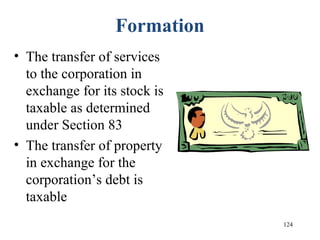 124
Formation
• The transfer of services
to the corporation in
exchange for its stock is
taxable as determined
under Section 83
• The transfer of property
in exchange for the
corporation’s debt is
taxable
 