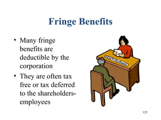 125
Fringe Benefits
• Many fringe
benefits are
deductible by the
corporation
• They are often tax
free or tax deferred
to the shareholders-
employees
 