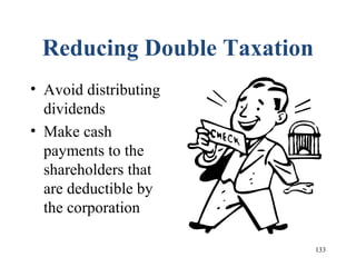 133
Reducing Double Taxation
• Avoid distributing
dividends
• Make cash
payments to the
shareholders that
are deductible by
the corporation
 