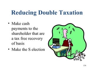 134
Reducing Double Taxation
• Make cash
payments to the
shareholder that are
a tax free recovery
of basis
• Make the S election
 