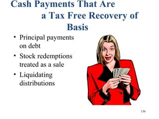 136
Cash Payments That Are
a Tax Free Recovery of
Basis
• Principal payments
on debt
• Stock redemptions
treated as a sale
• Liquidating
distributions
 
