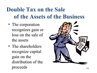 138
Double Tax on the Sale
of the Assets of the Business
• The corporation
recognizes gain or
loss on the sale of
the assets
• The shareholders
recognize capital
gain on the
distribution of the
proceeds
 