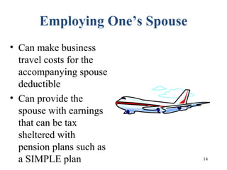14
Employing One’s Spouse
• Can make business
travel costs for the
accompanying spouse
deductible
• Can provide the
spouse with earnings
that can be tax
sheltered with
pension plans such as
a SIMPLE plan
 
