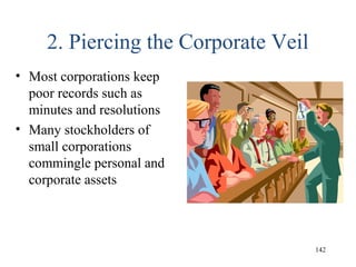 2. Piercing the Corporate Veil
• Most corporations keep
poor records such as
minutes and resolutions
• Many stockholders of
small corporations
commingle personal and
corporate assets
142
 