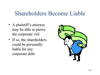 Shareholders Become Liable
• A plaintiff’s attorney
may be able to pierce
the corporate veil
• If so, the shareholders
could be personally
liable for any
corporate debt
143
 