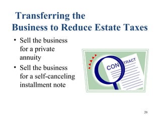 20
Transferring the
Business to Reduce Estate Taxes
• Sell the business
for a private
annuity
• Sell the business
for a self-canceling
installment note
 