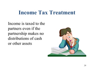 29
Income Tax Treatment
Income is taxed to the
partners even if the
partnership makes no
distributions of cash
or other assets
 