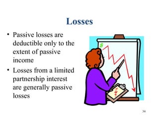 34
Losses
• Passive losses are
deductible only to the
extent of passive
income
• Losses from a limited
partnership interest
are generally passive
losses
 