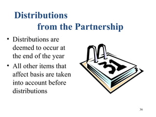 36
Distributions
from the Partnership
• Distributions are
deemed to occur at
the end of the year
• All other items that
affect basis are taken
into account before
distributions
 