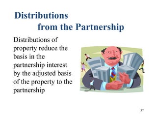 37
Distributions
from the Partnership
Distributions of
property reduce the
basis in the
partnership interest
by the adjusted basis
of the property to the
partnership
 