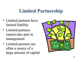 50
Limited Partnership
• Limited partners have
limited liability
• Limited partners
cannot take part in
management
• Limited partners are
often a source of a
large amount of capital
 
