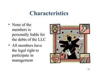 53
Characteristics
• None of the
members is
personally liable for
the debts of the LLC
• All members have
the legal right to
participate in
management
 