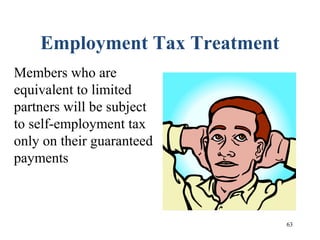 63
Employment Tax Treatment
Members who are
equivalent to limited
partners will be subject
to self-employment tax
only on their guaranteed
payments
 