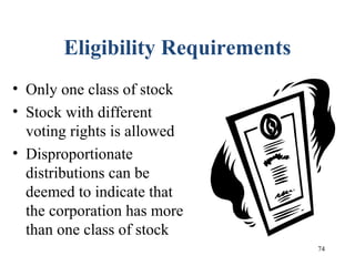74
Eligibility Requirements
• Only one class of stock
• Stock with different
voting rights is allowed
• Disproportionate
distributions can be
deemed to indicate that
the corporation has more
than one class of stock
 