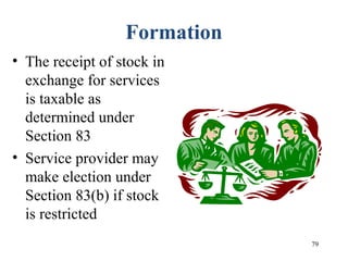 79
Formation
• The receipt of stock in
exchange for services
is taxable as
determined under
Section 83
• Service provider may
make election under
Section 83(b) if stock
is restricted
 