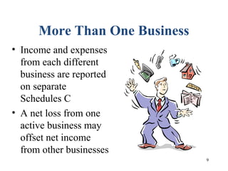 9
More Than One Business
• Income and expenses
from each different
business are reported
on separate
Schedules C
• A net loss from one
active business may
offset net income
from other businesses
 