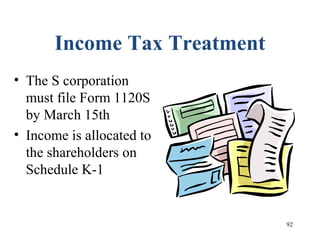92
Income Tax Treatment
• The S corporation
must file Form 1120S
by March 15th
• Income is allocated to
the shareholders on
Schedule K-1
 