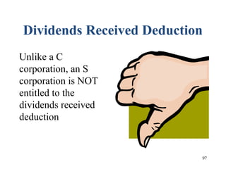 97
Dividends Received Deduction
Unlike a C
corporation, an S
corporation is NOT
entitled to the
dividends received
deduction
 