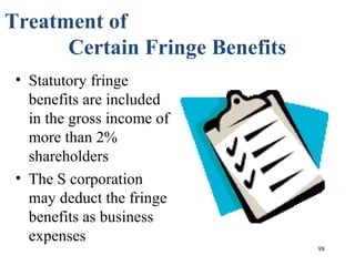 98
Treatment of
Certain Fringe Benefits
• Statutory fringe
benefits are included
in the gross income of
more than 2%
shareholders
• The S corporation
may deduct the fringe
benefits as business
expenses
 