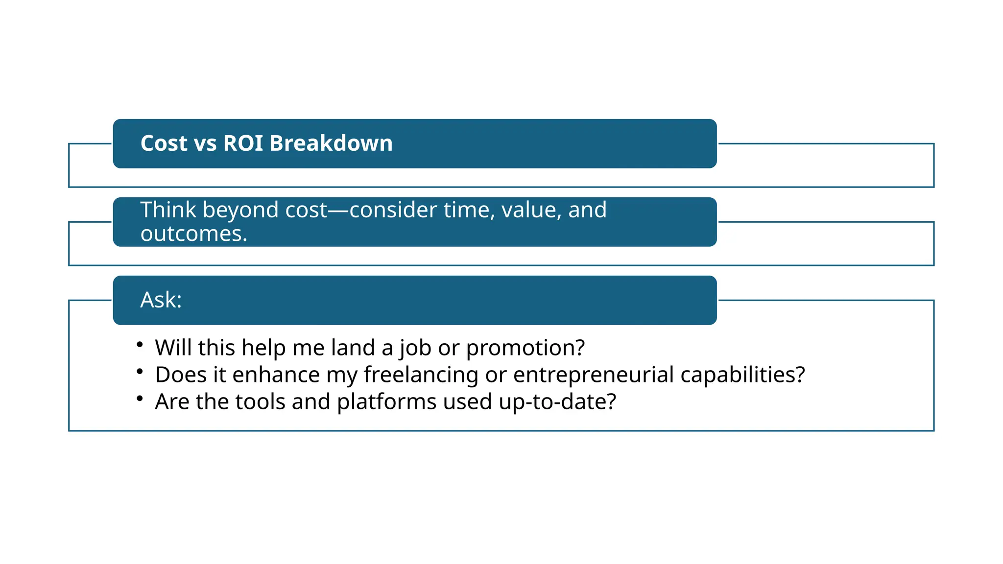 Cost vs ROI Breakdown
Think beyond cost—consider time, value, and
outcomes.
• Will this help me land a job or promotion?
• Does it enhance my freelancing or entrepreneurial capabilities?
• Are the tools and platforms used up-to-date?
Ask:
 