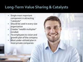 2121
Long-Term Value Sharing & Catalysts
 Single most important
component in attracting
“catalysts”
 Should be used in every size
organization
 Creates “wealth multiplier”
mindset
 Tie employees to vision and
growth plan of the company
 Most under-utilized plan in
most private companies
 