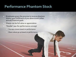3333
Performance Phantom Stock
 Employees given the promise to receive phantom
shares upon fulfillment of pre-determined (often
annual) financial goals
 Shares can be full value or appreciation
 “Double” pay-for-performance concept
 You earn shares based on performance
 Share values go up based on performance
 