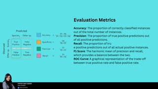 Evaluation Metrics
Accuracy: The proportion of correctly classified instances
out of the total number of instances.
Precision: The proportion of true positive predictions out
of all positive predictions.
Recall: The proportion of tru
e positive predictions out of all actual positive instances.
F1 Score: The harmonic mean of precision and recall,
which provides a balance between the two.
ROC Curve: A graphical representation of the trade-off
between true positive rate and false positive rate.
 