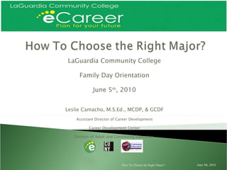 LaGuardia Community College Family Day Orientation June 5 th , 2010 Leslie Camacho, M.S.Ed., MCDP, & GCDF Assistant Director of Career Development Career Development Center Division of Adult and Continuing Education  How To Choose the Right Major? June 5th, 2010 