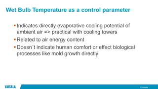 © Vaisala
Wet Bulb Temperature as a control parameter
Indicates directly evaporative cooling potential of
ambient air => practical with cooling towers
Related to air energy content
Doesn´t indicate human comfort or effect biological
processes like mold growth directly
 
